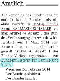 Ernennung KARMASIN; Wiener Zeitung 1. 3. 14 Seite 12