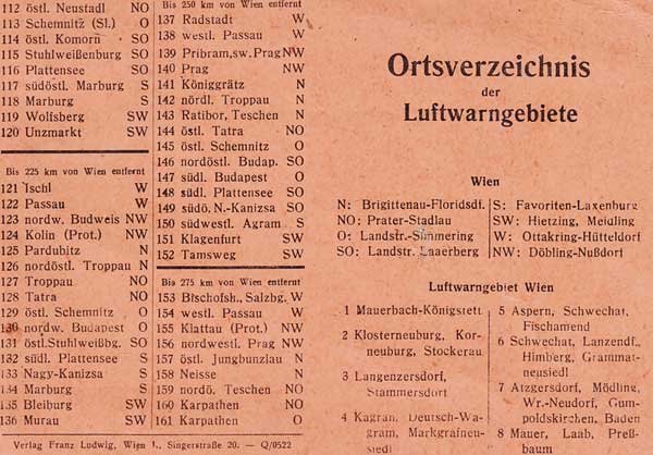 Ortsverzeichnis der Luftwarngebiete für Wien und Umland 1944