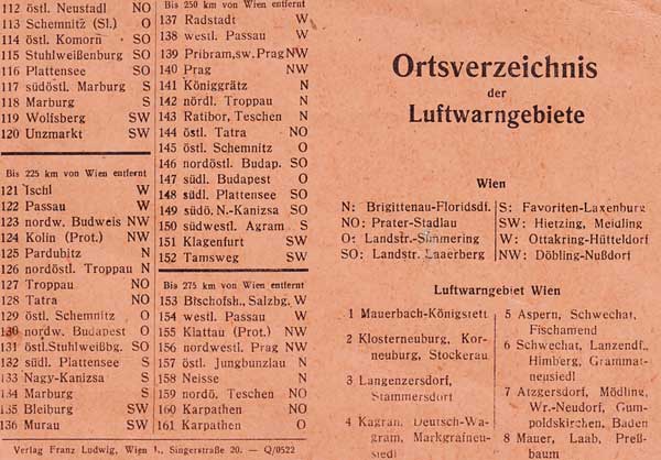 Ortsverzeichnis der Luftwarngebiete fr Wien und Umland 1944