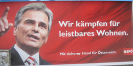 Plakattext: WIR KMPFEN FR LEISTBARES WOHNEN; SP-Plakat;  Ort: 1100 Laxenburger Strae 2;  Datum: 30. Juli 13  Bild: WEBSCHOOL